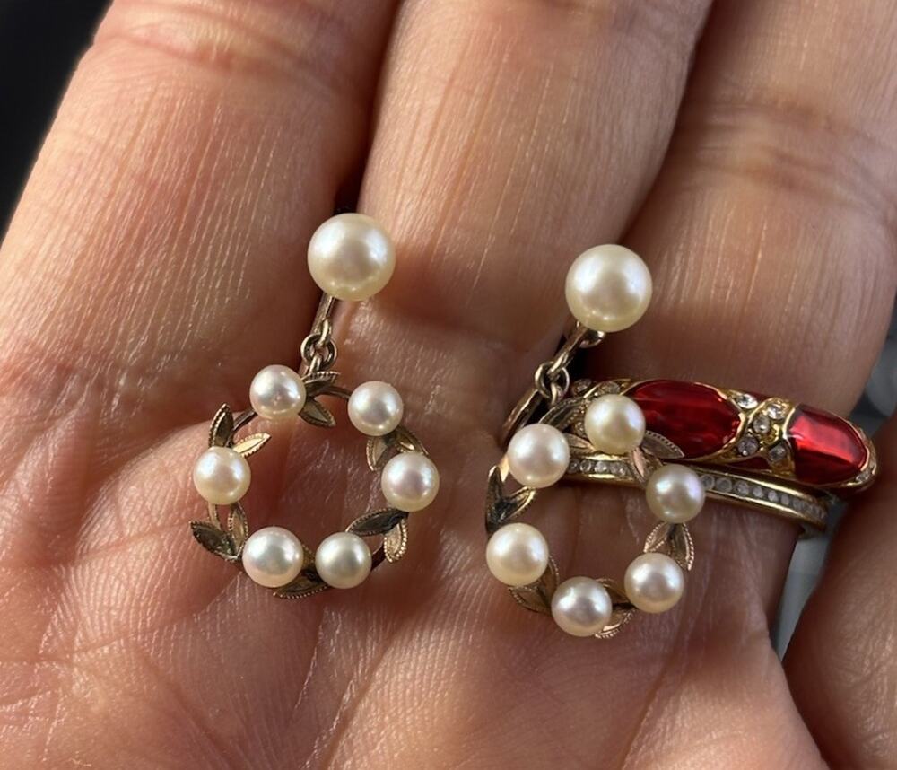 Antique Victorian 10k Rose Gold Seed Pearls Circle Drop Screwback Earrings-2.72G